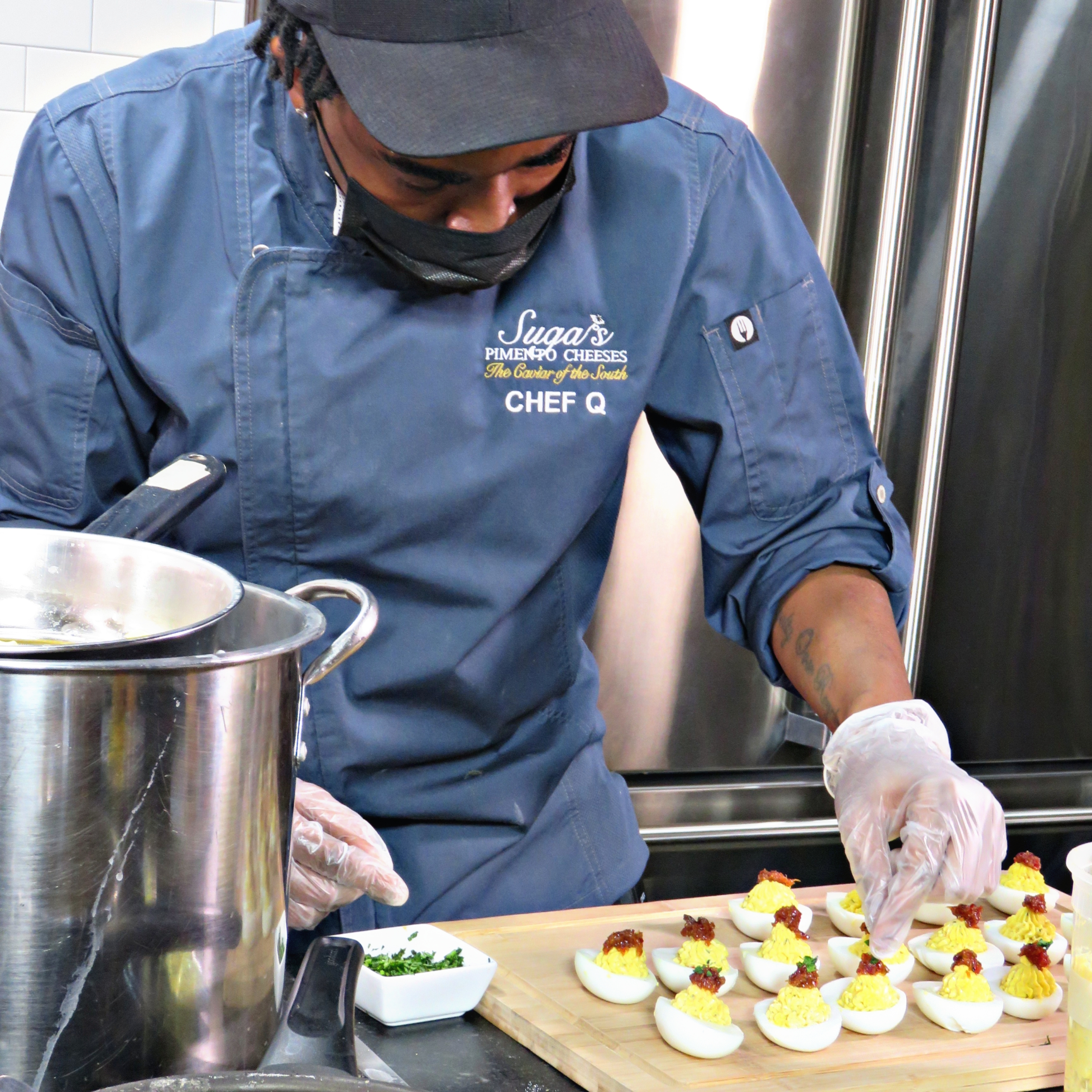 Roasted Poblano Pimento Cheese Deviled Eggs w/ Bacon Jam